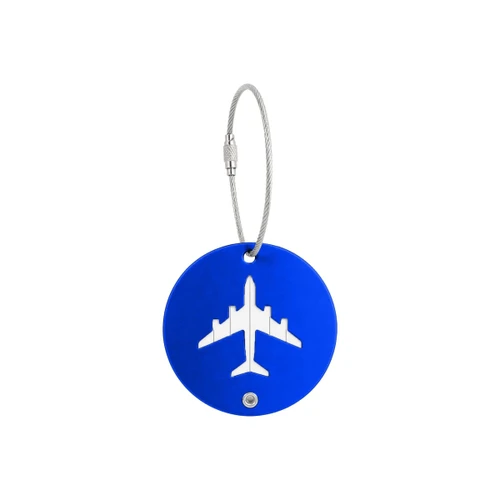 A round blue luggage tag featuring a white airplane design and a metal wire attachment.