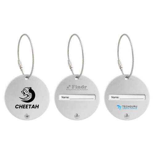 Three round wire cable luggage tags in silver, featuring different logos and a space for a name.