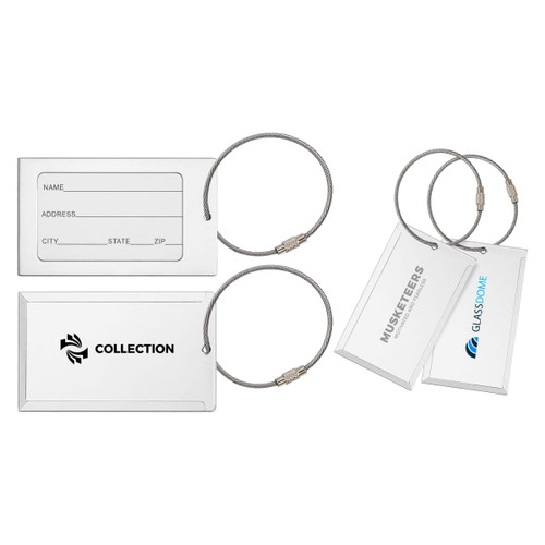 A square aluminium luggage tag in silver with a metal attachment, featuring space for personal details and a logo.