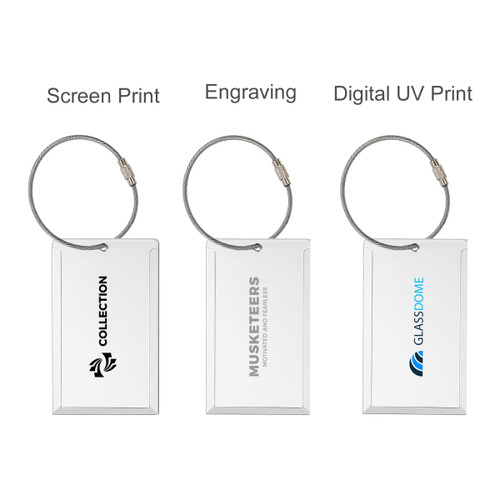 A square aluminium luggage tag in three styles: screen print, engraving, and digital UV print, featuring a silver ring.