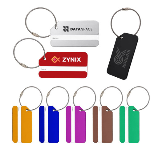 Square aluminium luggage tags in various colours, featuring keyrings and logos. Tags include space for name detail.