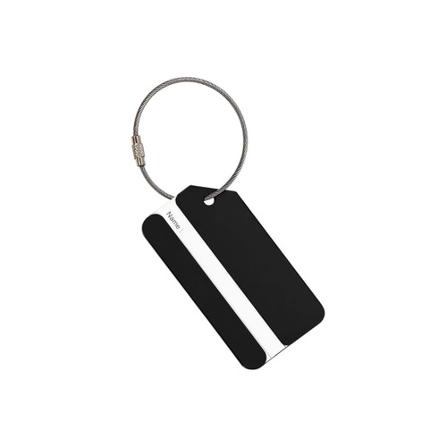 A black square aluminium luggage tag with a wire loop for attachment and a space for a name.