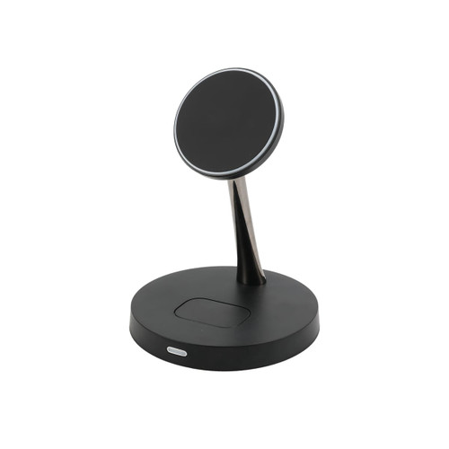 A black 2-in-1 wireless charger featuring a circular charging pad mounted on a sleek, curved stand.
