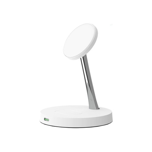 A white Magsafe 2-In-1 wireless charger with a sleek stand and a circular charging pad on top.