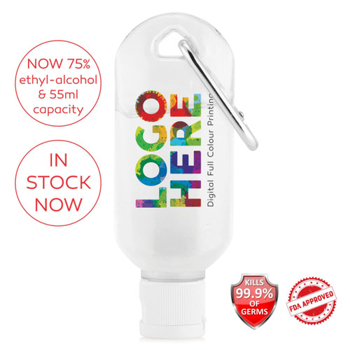 A clear hand sanitiser gel bottle with a carabiner, containing 75% ethyl-alcohol and a 55ml capacity.