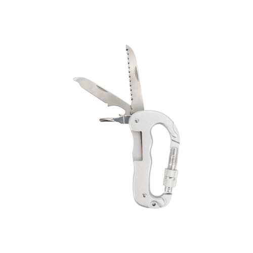 A multifunctional carabiner in silver with a knife blade, serrated edge, and bottle opener features.