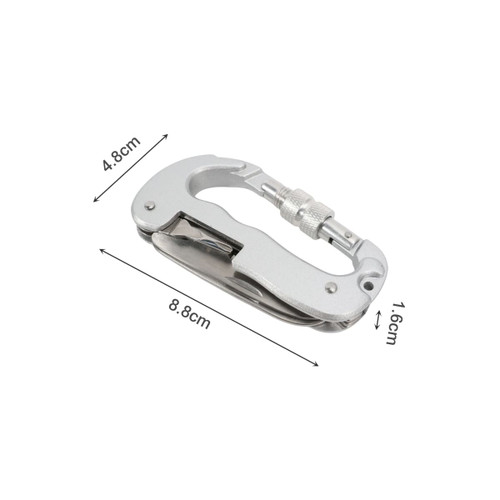 A multifunctional silver carabiner with a screw lock, measuring 8.8 cm by 4.8 cm by 1.6 cm.