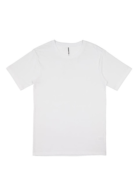 A plain white men's short sleeve tee featuring a simple design and a branding logo.