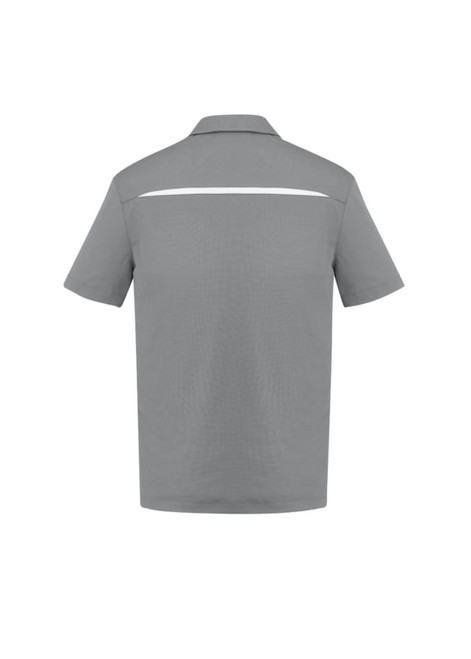 A grey short sleeve polo shirt featuring a subtle reflective stripe on the back and a logo on the front.