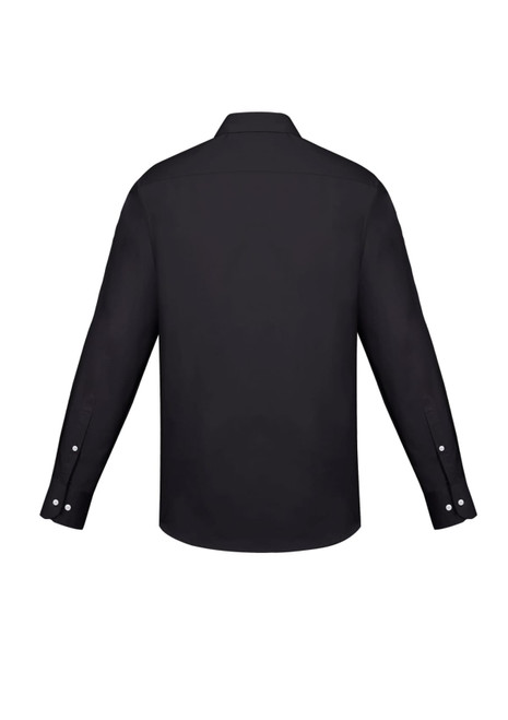 A black long sleeve button-up shirt featuring a slim fit design and a collar, with cuff details and branding.