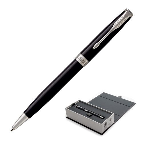 A metal ballpoint pen in lacquer black with silver accents, displayed in a gift box.