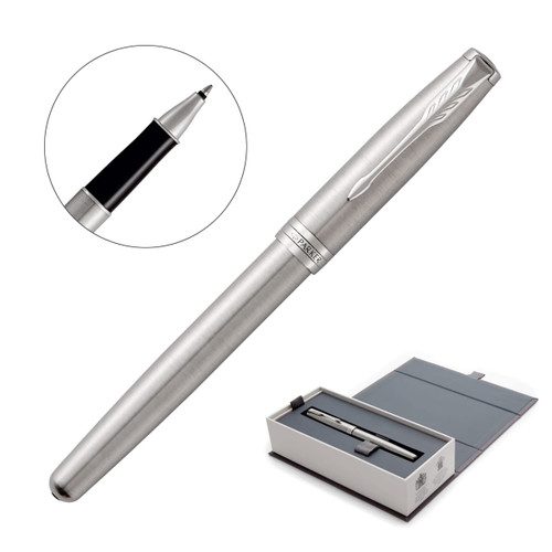 A metal rollerball pen in brushed stainless steel with a sleek design, displayed with a gift box.