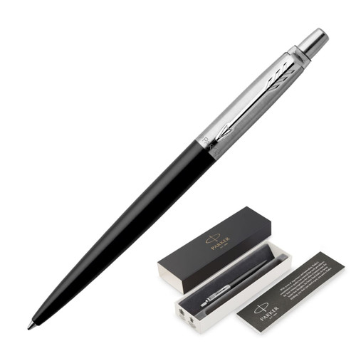 A black metal ballpoint pen with a silver clip, presented in a sleek black box.