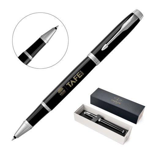 A black rollerball pen with silver accents, displayed in a box alongside the lid and an enlarged view of the nib.