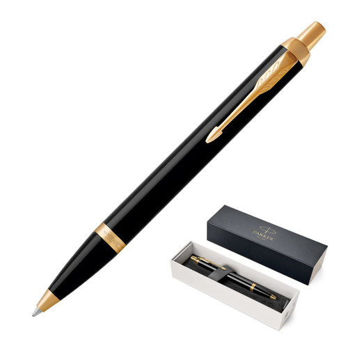 A black ballpoint pen with gold accents, presented in a stylish box. The pen features branding on its body.