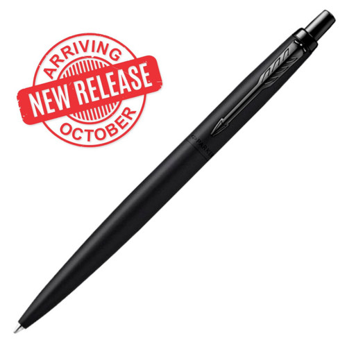 A black ballpoint pen with a matte finish and a decorative logo. The design is sleek and modern.