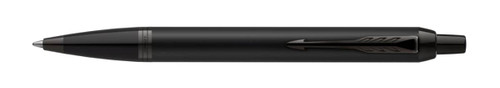 A ballpoint pen in achromatic matte black with a sleek design and a clip, featuring a logo.