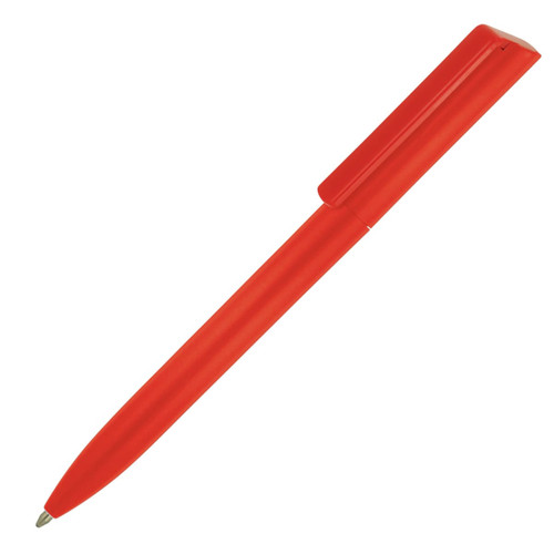 A red ballpoint pen with a minimalist design and a clip. It features a logo on the side.