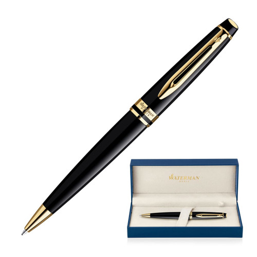 A black ballpoint pen with gold accents, presented in a blue box with a lined interior. It features a logo.