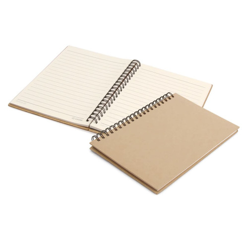 A spiral-bound A5 notebook with a brown cover and lined paper, featuring a plain back cover. It has a logo on the front.