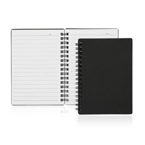A black A6 spiral-bound notebook with lined pages, featuring a simple cover design and visible binding.