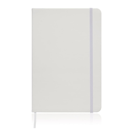 A5 notebook journal in a sleek white leather look with an elastic closure and a ribbon bookmark.