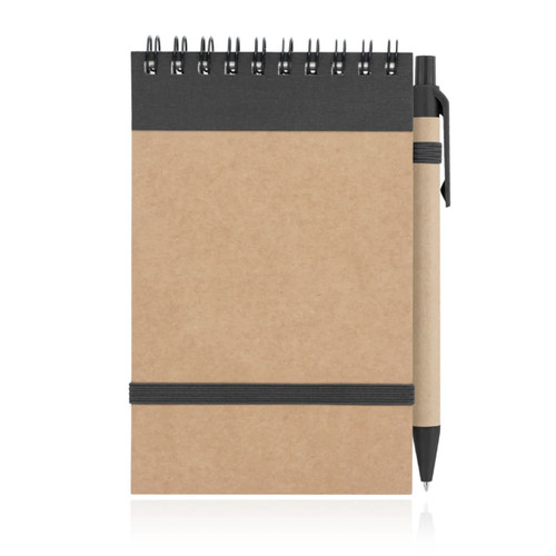 A recycled paper notepad featuring a spiral bound design and a pen attached, in natural brown and black colours.