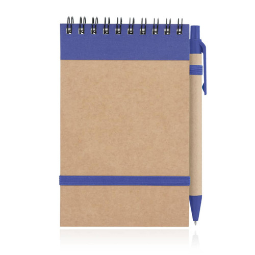 A spiral-bound notepad made of recycled paper with a blue cover and an attached blue pen.