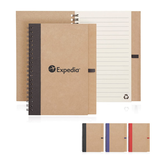 A spiral-bound notebook made from recycled paper, featuring a brown cover with a black side and lined pages. Includes a logo.
