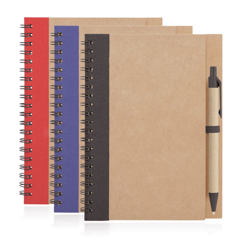 Eco notebook spiral bound in recycled paper, featuring red, blue, and black accents, accompanied by a pen.