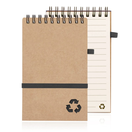 A recycled paper notepad featuring a spiral binding, brown cover, and an elastic band. Includes a recycling symbol.