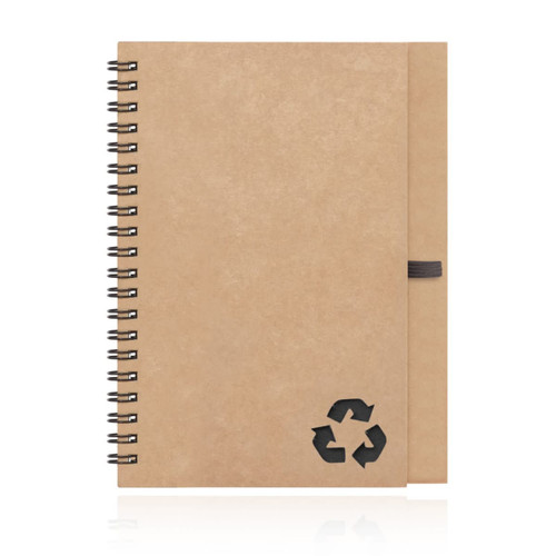 A spiral-bound notebook made of recycled paper, featuring a natural brown cover with a recycling symbol.