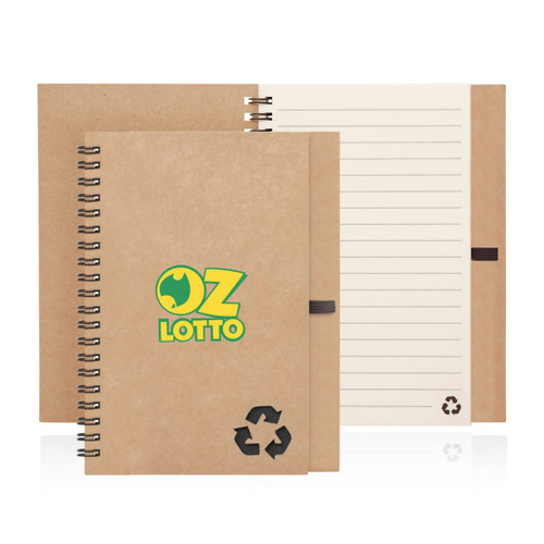 A spiral-bound notebook made of recycled paper with a brown cover and a logo, featuring lined pages.