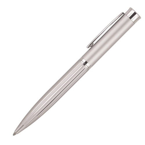A silver ballpoint pen featuring a sleek striped design and a shiny clip, with a logo on its body.