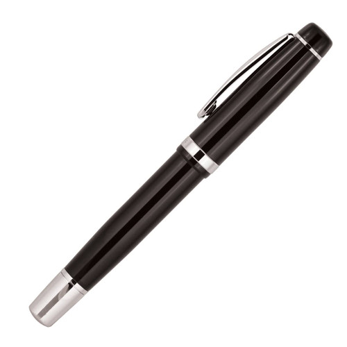 A black metal rollerball pen with silver accents and a clip. It features a sleek, polished design.