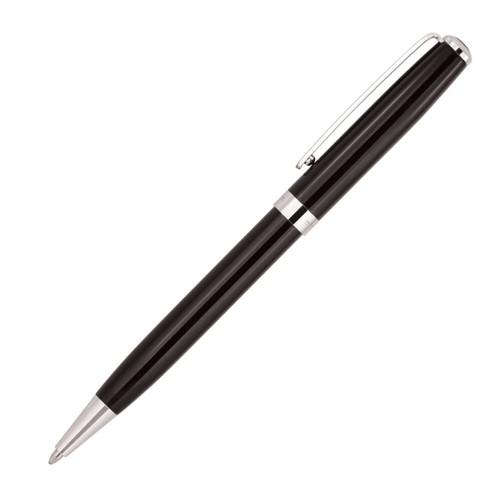 A black metal ballpoint pen with a silver clip and tip, featuring a sleek design and branding.