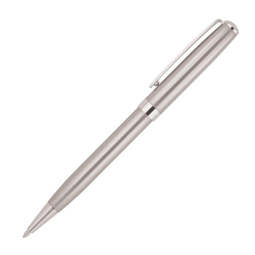 A metal ballpoint pen in a sleek silver finish, featuring a clip and a branded design.