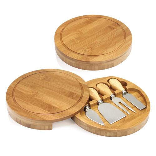 A bamboo cheese set featuring a circular board and three stainless steel knives with wooden handles.