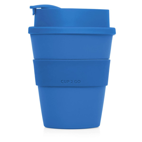 A blue eco coffee cup made of plastic, featuring a lid and a silicone sleeve for grip. It has a logo.