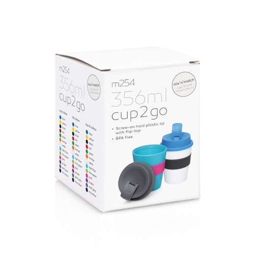 A drink bottle with a screw-on lid in grey, pink, and blue, packaged in a white box with a logo.