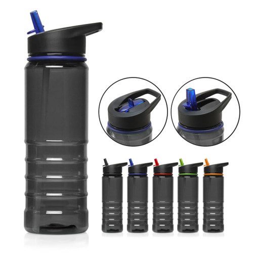 A drink bottle in transparent grey Tritan, featuring a black lid and various coloured straws. Includes a logo.