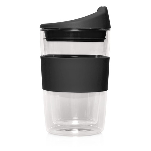 A drink bottle featuring a clear glass body with a black silicone sleeve and a lid. It has a sleek double-wall design.