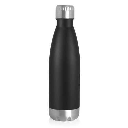 A drink bottle in matte black with a silver base and a metal screw cap. It has a logo on the side.