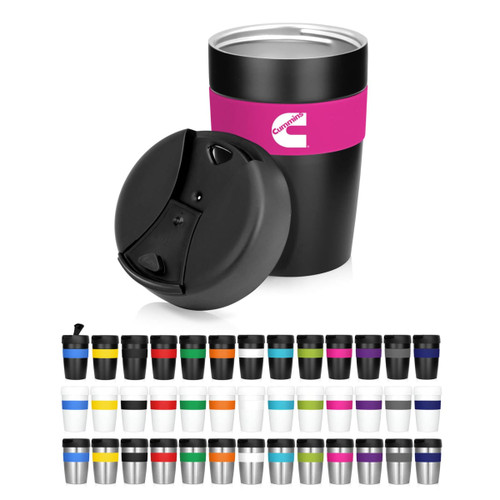 A drink bottle featuring a stainless steel design, double wall, and a black colour with a pink band. It includes a lid.
