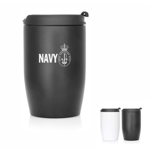 A drink bottle featuring a matte black and white design, with a lid and an emblem. It has a sleek, double-wall structure.