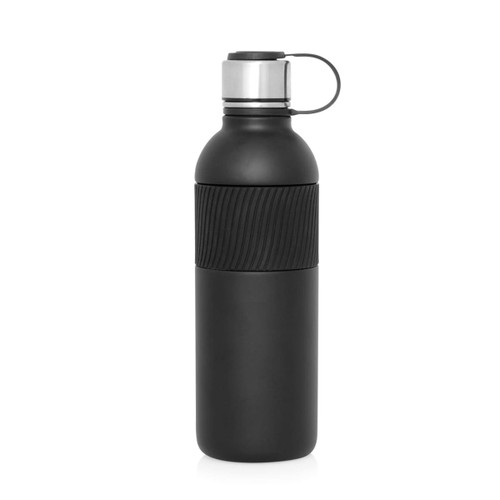 A drink bottle in matte black with a textured grip and stainless steel lid, featuring a logo. 600ml capacity.