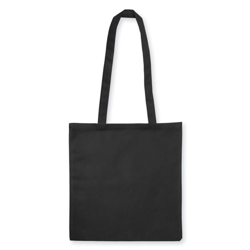 A plain black non-woven tote bag without gussets, featuring long handles and a simple design.