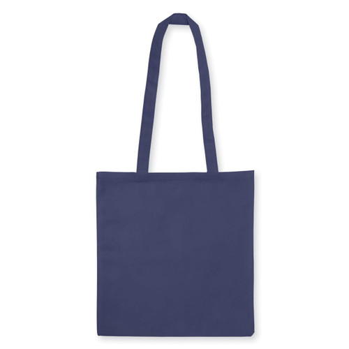 A navy non-woven tote bag with a V gusset and long straps, featuring a logo.