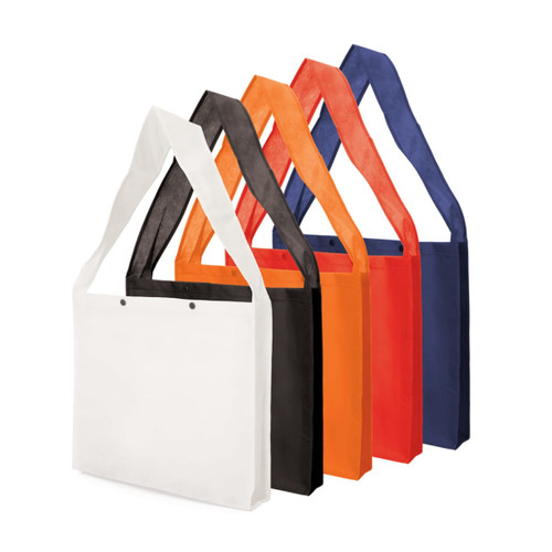 A collection of non-woven sling bags in white, black, orange, red, and blue, featuring press studs and a gusset.