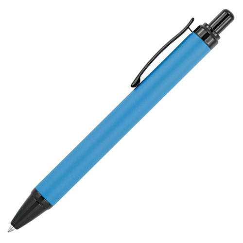 A blue ballpoint pen with a black clip and tip, featuring a smooth, sleek design and a logo.